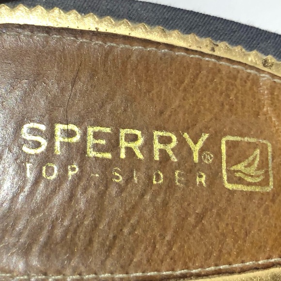 Sperry Topsider Navy Blue & Gold Crisscross Front Cork Heel Sandal. 4” heel - Picture 10 of 11